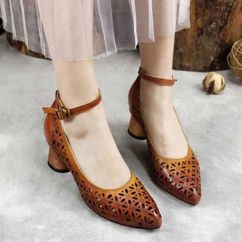 

SONDR high heels pumps women block heel shoes Spring and autumn new 2019 rubber woman retro buckle genuine leather shallow shoe