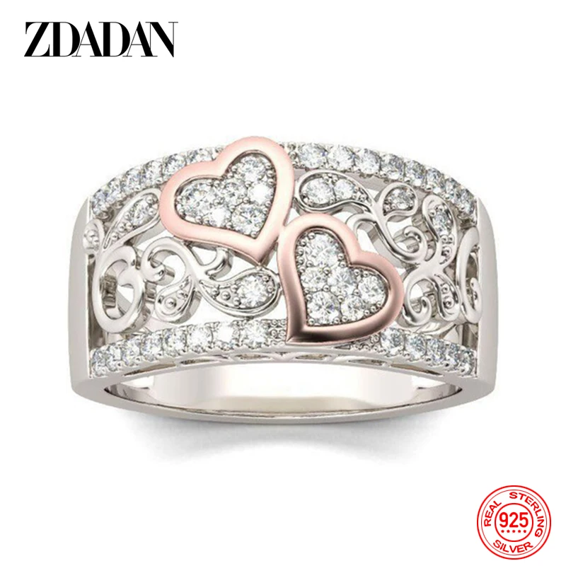 ZDADAN 925 Sterling Silver Heart CZ Rings for Women Wedding Jewelry