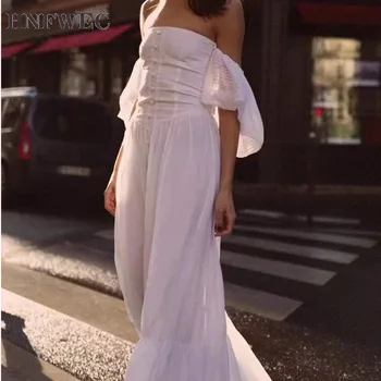 

2020 new spring and summer square collar puff lseeves high wasit single breasted white long dress vacation vestido U830