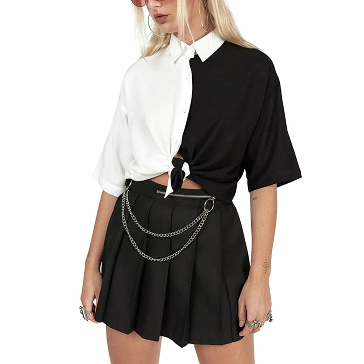 Женская блузка с отложным воротником Готическая двухцветная рубашка черного и
