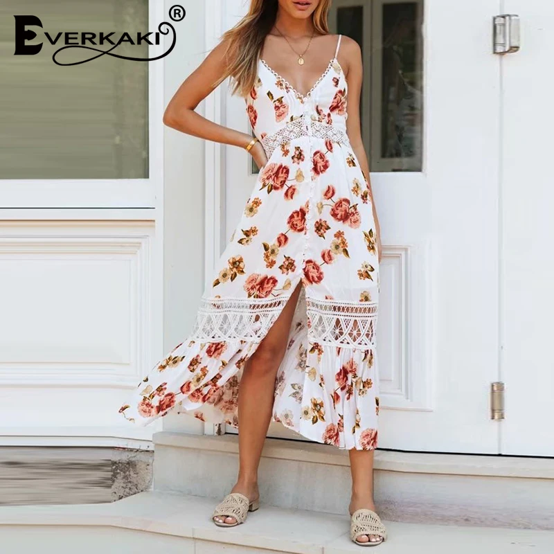 

Everkaki Women Long Dress Floral Print Boho Lace Patchwork Summer Vestidos Ladies Maxi Slip Dresses Gypsy Female 2020 Spring New