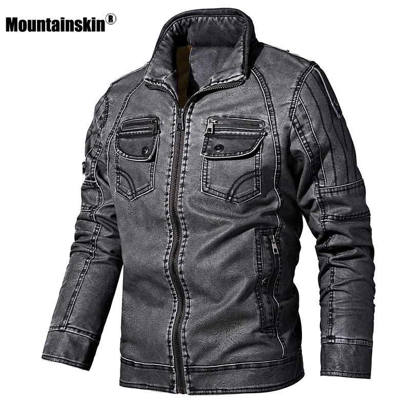Mountainskin, новинка, мужская осенне-зимняя куртка из искусственной кожи, модная однотонная приталенная кожаная куртка, мужская повседневная куртка, брендовая одежда, SA760