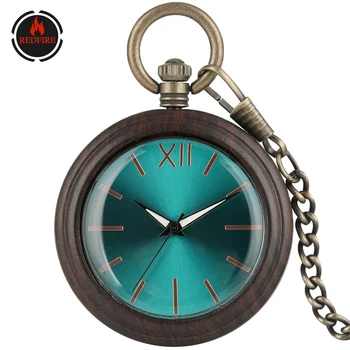 

REDFIRE Trendy Blue Ebony Wood Men Pocket Watch Bronze Steampunk Pocket Chain Pendant Clock Retro Accessory Watch Gifts Unisex