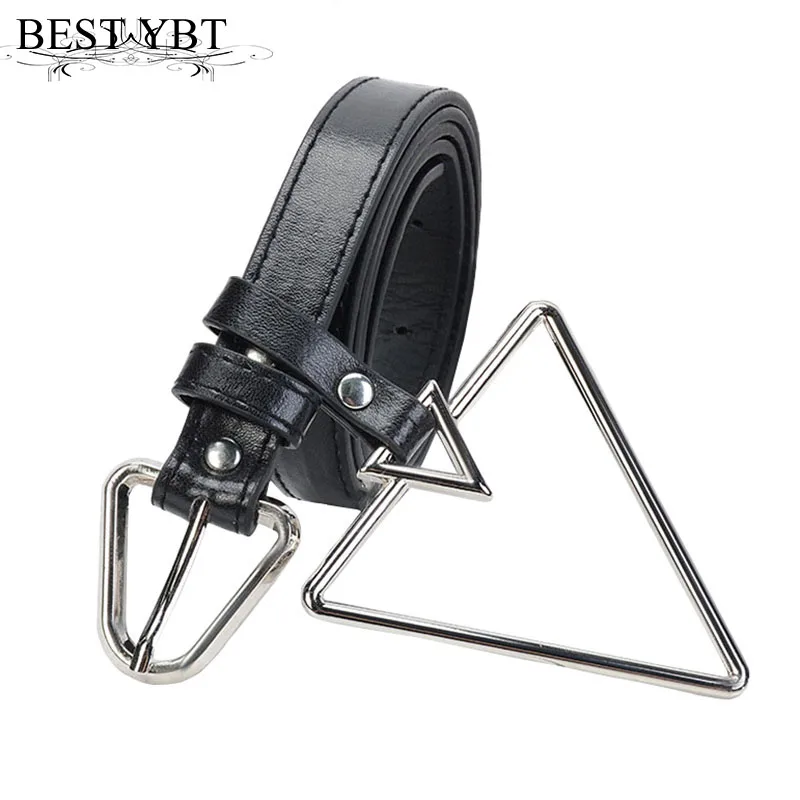 

Best YBT Women Belt Imitation Leather Pin Buckle Belt New Fashionable Ring Trigonometric Suspension Black Simple Women Belt