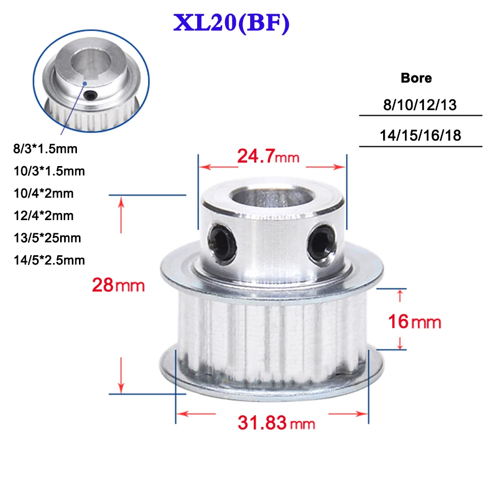 CNC For 3D Printer XL Timing Belt Pulley with Keyway Bore 16/18/20T Multi-Size 