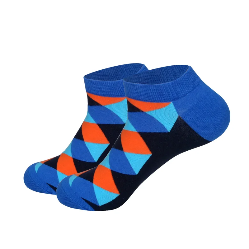 LIONZONE мужские деловые невидимые носки-лодочки, геометрические треугольные ромбовидные прямоугольные черные носки с квадратным блоком, EUR40-46 - Цвет: Blue rhombus
