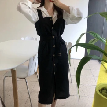 

YAMDI women single-breasted dress female pocket 2020 spring autumn belt sleeveless spaghetti dresses midi korean casual vestidos