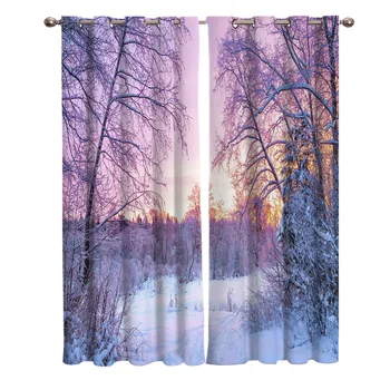 

Forest Birch Trees Snow Sunset Blackout Window Curtains Living Room Kitchen Blackout Curtains Left and Right Biparting Open