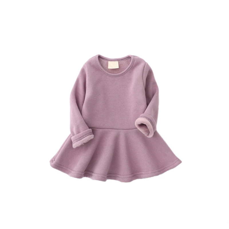 

Autumn Winter Casual Baby Girls Solid Print Dress Plus Velvet Kids Toddler Long Sleeve Sundress For Girls Children Clothing #E