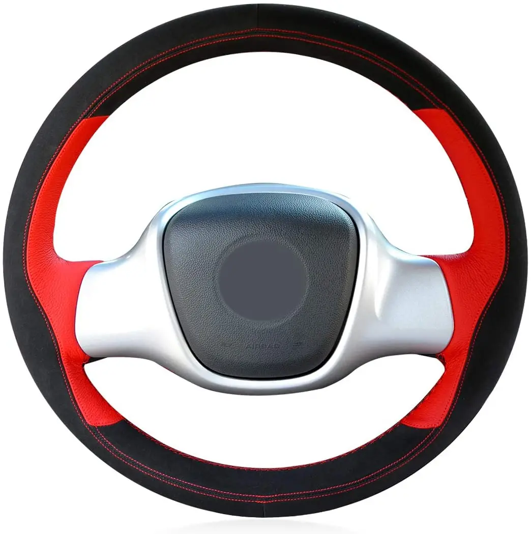 DIY3D Custom Black Suede Red Leather Sew On Steering Wheel Cover for Smart Fortwo | Автомобили и мотоциклы