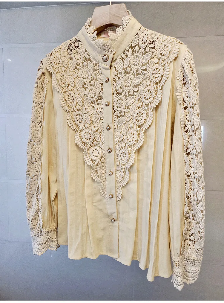 VERHELLEN, Высококачественная Роскошная подиумная рубашка, весна-осень, женские блузы с длинным рукавом и стоячим воротником, с вышивкой, Кружевные блузы