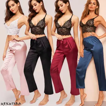 

Summer women's sexy pajamas 2 piece set Sexy Women Satin Silk Sleepwear Lace V Neck Bra + Long Pants Pyjamas Nightgown