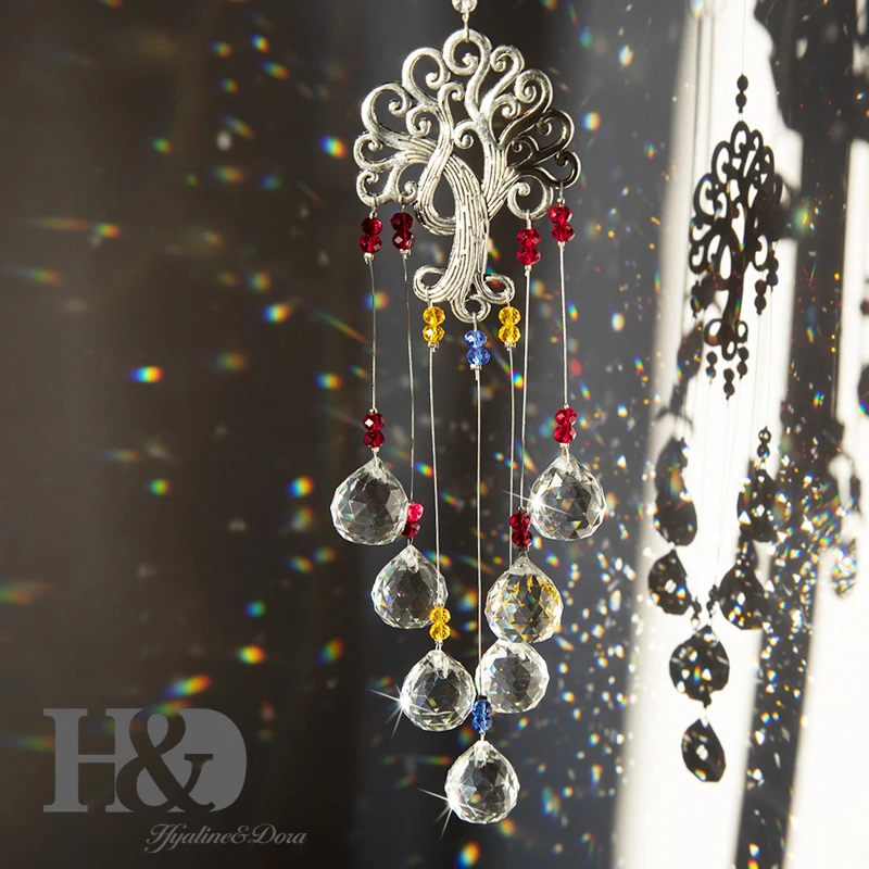 

H&D Crystal Tree of Life Sun Catchers Rainbow Maker Hanging Crystal Ball Pendants for Home Garden Porch Window Decor Xmas Gift