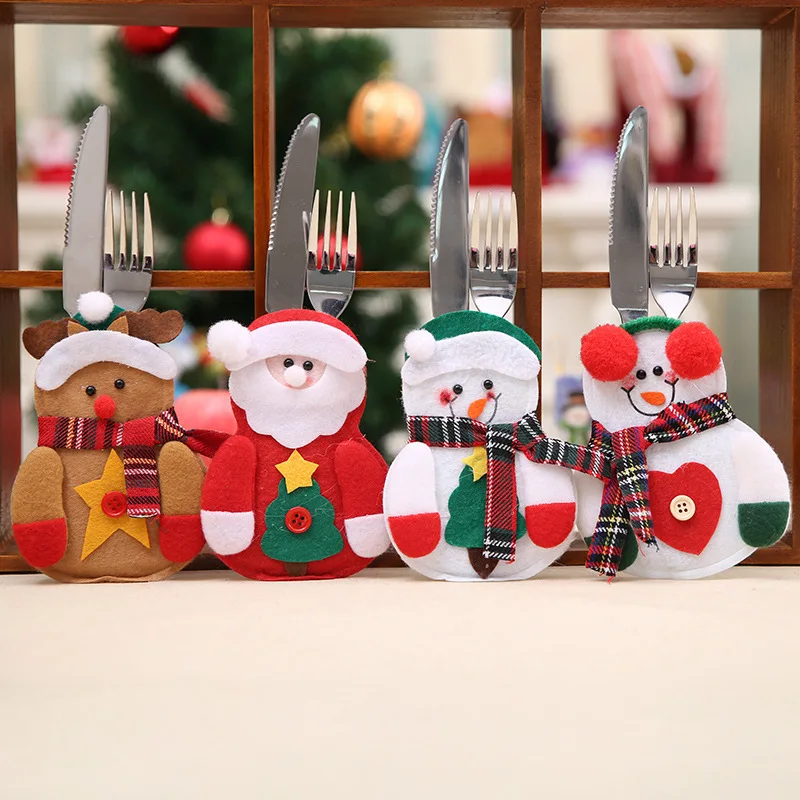 

Christmas Tableware Cover Decor Santa Claus Snowman Knife Fork Set Christmas Hat Storage Tool Diy Festival Table Decoration G