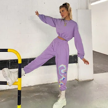 

2020 casual Dragon Print High Waist Joggers Plus Size Jogger Pants Women High Waisted Trousers Streetwear Purple Capris Harajuku