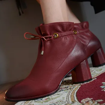 

MLJUESE 2020 women ankle boots Cow leather winter short plush lace up vintage round toe high heels female boots party size 40