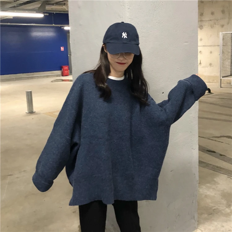 Women Autumn Winter Oversized Pullover Knitted Sweater Female Thick Split Long Sleeve Jumper Coat Pull Femme Jersey Mujer