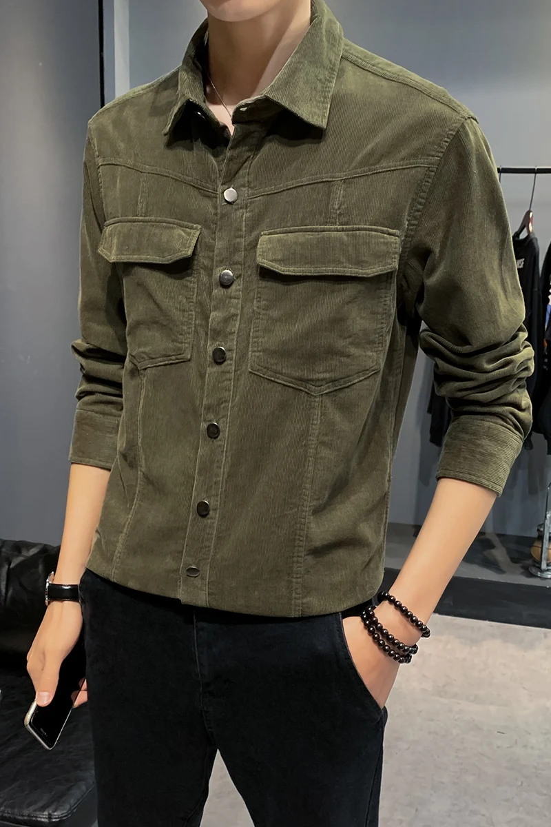cotton corduroy shirt men's long sleeves autumn Korean version of the trend handsome pocket Slim tooling shirt casual