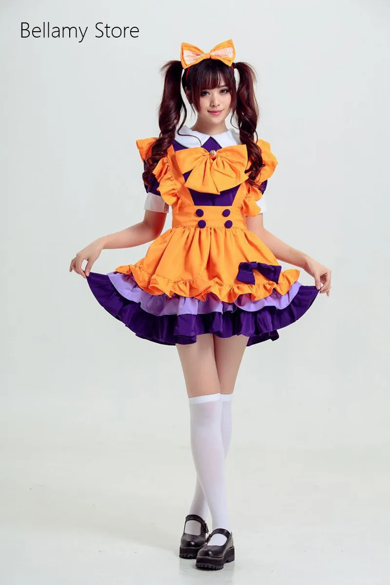 

Gothic Lolita Orange and Violet Sweet Bow Pleated lace Cosplay Maid Costume Maid Dress