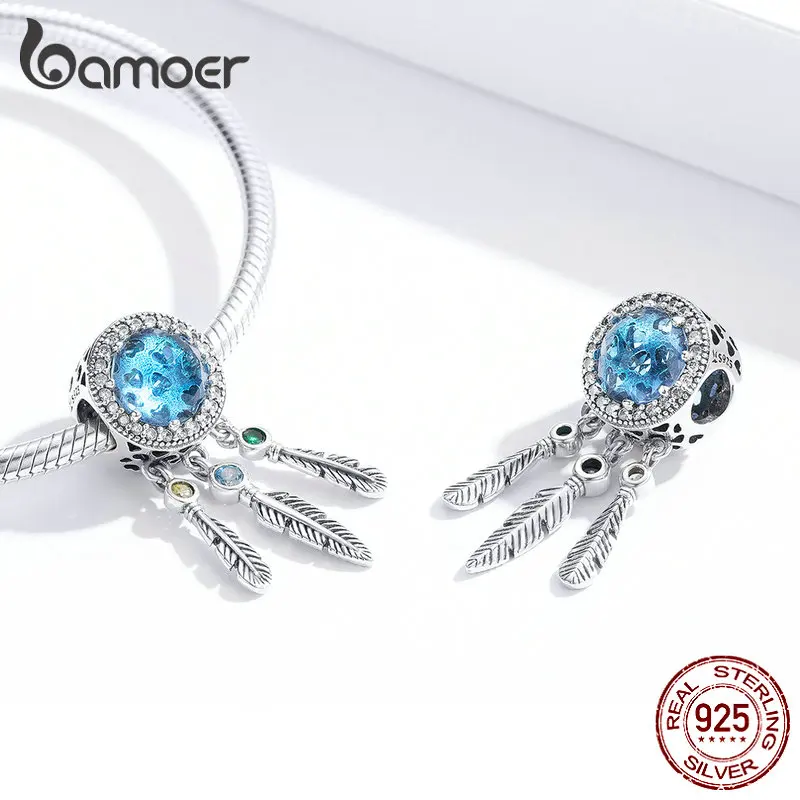 Günstig Bamoer Dream Catcher Feather Lange Glas Perlen Charme fit Original 925 Frauen Armband Sterling Silber 925 Schmuck, Der SCC1384