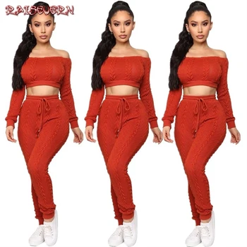 

Two Piece Knit Set Women Club Outfits Autumn Winter 2019 Long Sleeve Sexy Short Slash Neck Crop Top And Pencil Pants With Belt