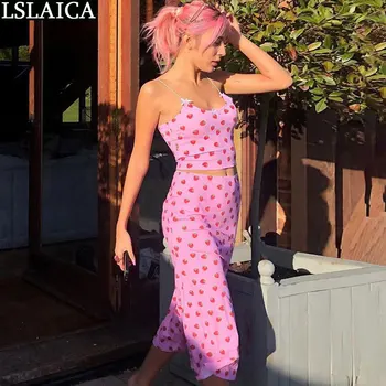 

Women sets clothes short tank&Mid-length skirts pink strawberry print casual 2 piece set women slim summer party two piece set