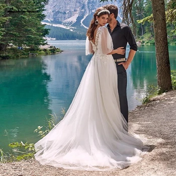 

Lakshmigown Elegant Wedding Dress Boho Style 2020 Vintage Lace Bodice Bridal Dress White Tulle Mariage Beach Wedding Dresses