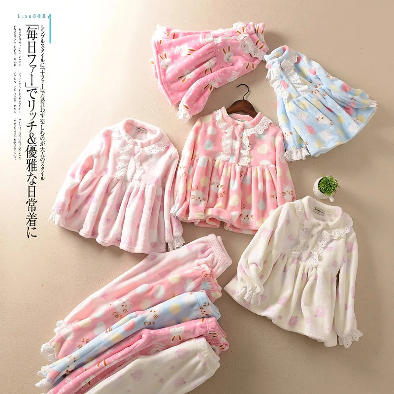 Korean-style New Style Autumn And Winter Children Flannel Pajamas Two-Piece Set Men And Women Children Childrenswear Homewear Se