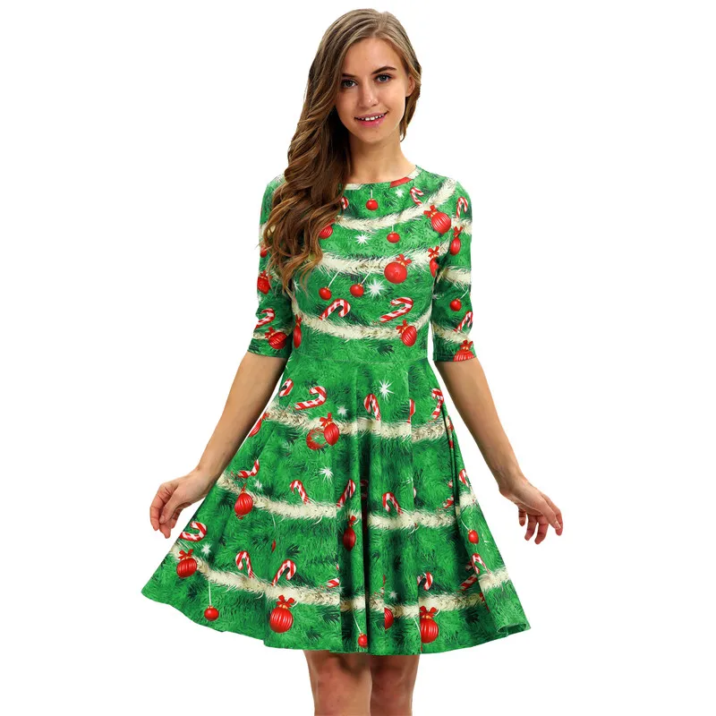 Лидер продаж, повседневное рождественское 3D Платье с принтом Санта-елки, женское платье с рукавом до локтя миди, элегантное вечернее платье, халат, Femme, осеннее платье - Цвет: E103462