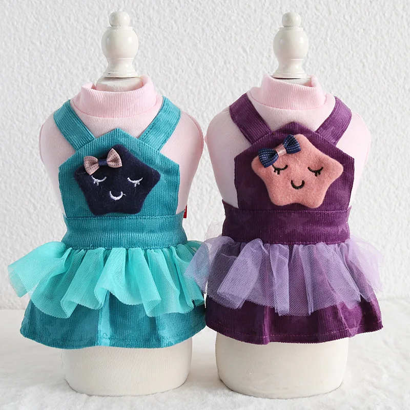 

2019 Newest Autumn and Winter Dog Dresses with Clouds Stars Velvet Purple Green Colors Skirts Xs-xl Sizes Dog Clothes