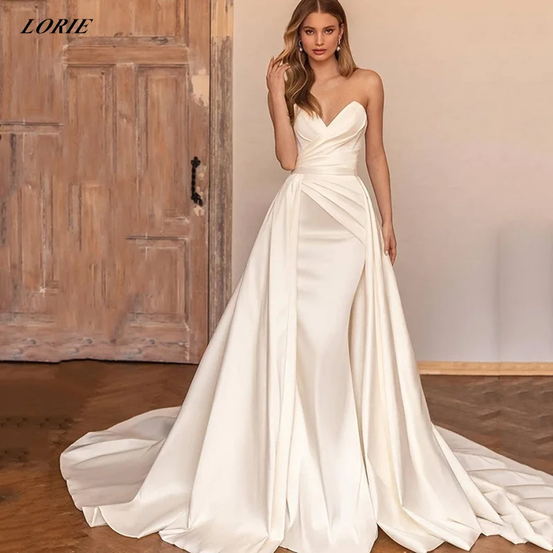 LORIE  Satin Off Shoulder Wedding Dresses With Detachable Train Sweetheart A-Line White/Ivory Bridal Gowns vestidos de novia