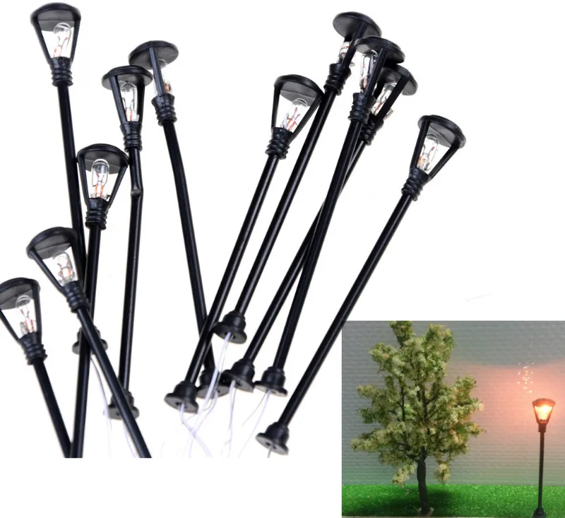 10 unids/set modelo de Lámpara de calle LED de iluminación de una sola cabeza tren diseño de Juguetes