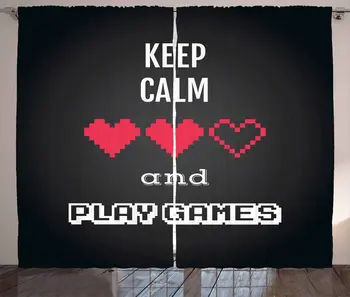 

Gamer Curtains Motivational Keep Calm Words with Videogame Theme Ombre Background Living Room Bedroom Window Drapes Charcoal