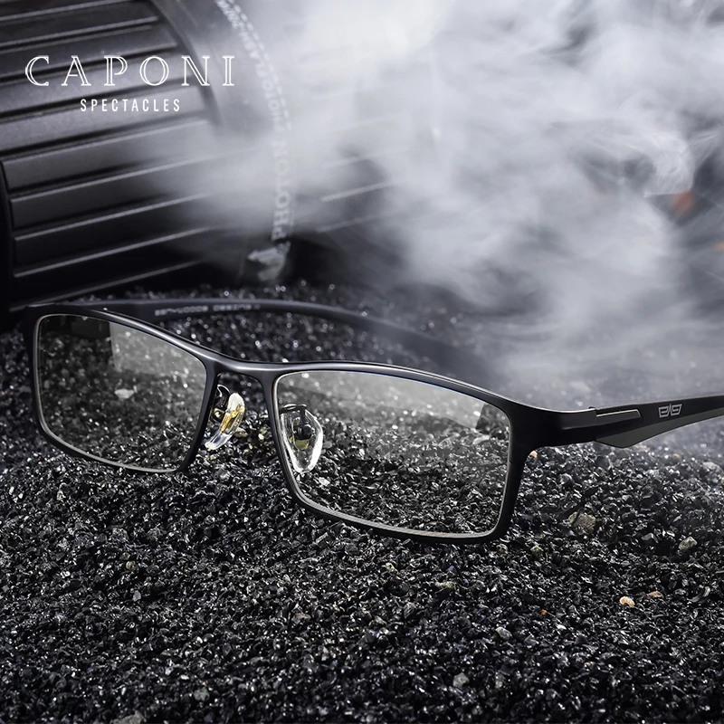 Najtaniej CAPONI marka tytanu ramki okularów dla mężczyzn przezroczyste soczewki elastyczne TR90 świątynie okulary kwadratowe pełne obręczy ramki okulary J9064