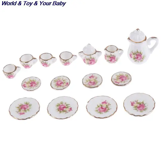 15Pcs 1:12 Miniature Porcelain Tea Cup Set Chintz Flower Tableware Kitchen Dollhouse Furniture Toys For Children 6