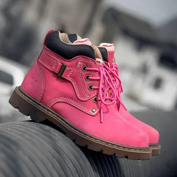 

Women Ankle Boots Work Safety Boots Couple Ladies Genuine cow Leather Boots Martens Autumn Botas Mujer Female Comfortable Shoes