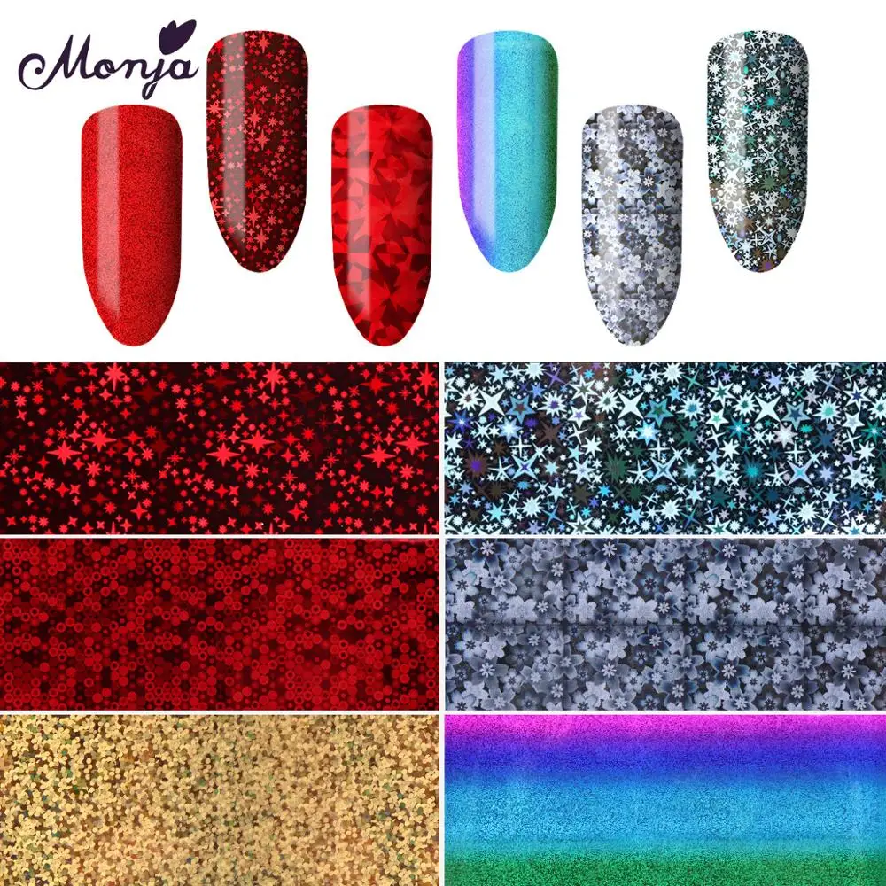 

Monja 10 sheets 4 * 120cm nail art holographic color laser starry broken floral stickers transfer decals for nail decoration