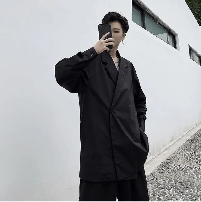 M-XL! Весенняя хлопковая новая Темно-Черная Однотонная рубашка с воротником и длинными рукавами, Мужская свободная тонкая рубашка для парикмахера