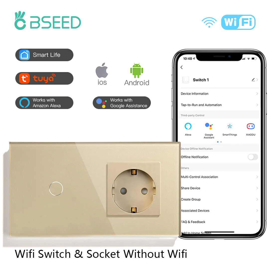 lighted single pole switch BSEED 1/2/3Gang 1/2/3Way WIFI Touch Light Switch Smart Wall Switch Smart Life APP Glass Panel with EU Socket Without Wifi White outdoor light switch timer Wall Switches