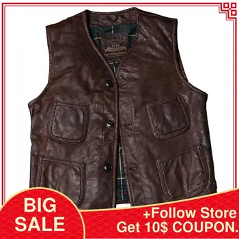 

2020 Vintage Brown Short Casual Leather Vest Men Single Breasted Plus Size XXXL Genuine Sheepskin Spring Slim Fit Young Men Vest