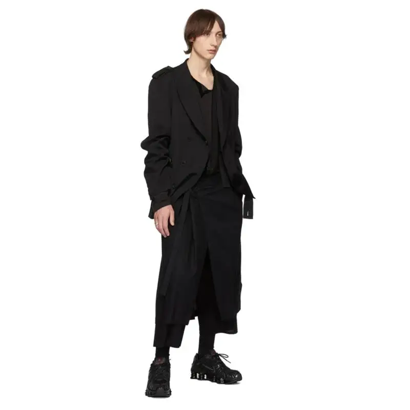 Men's Pant Skirt Wide Leg Spring And Autumn New Black Elastic-Waisted False Two Pieces Of Nine-Point Design Straight Pants
