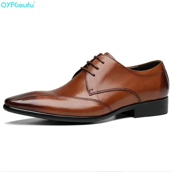 

QYFCIOUFU 100% Genuine Leather Mens Dress Shoes High Quality Oxford Shoes For Men Lace-Up Business Shoes Pointy Wedding Shoes