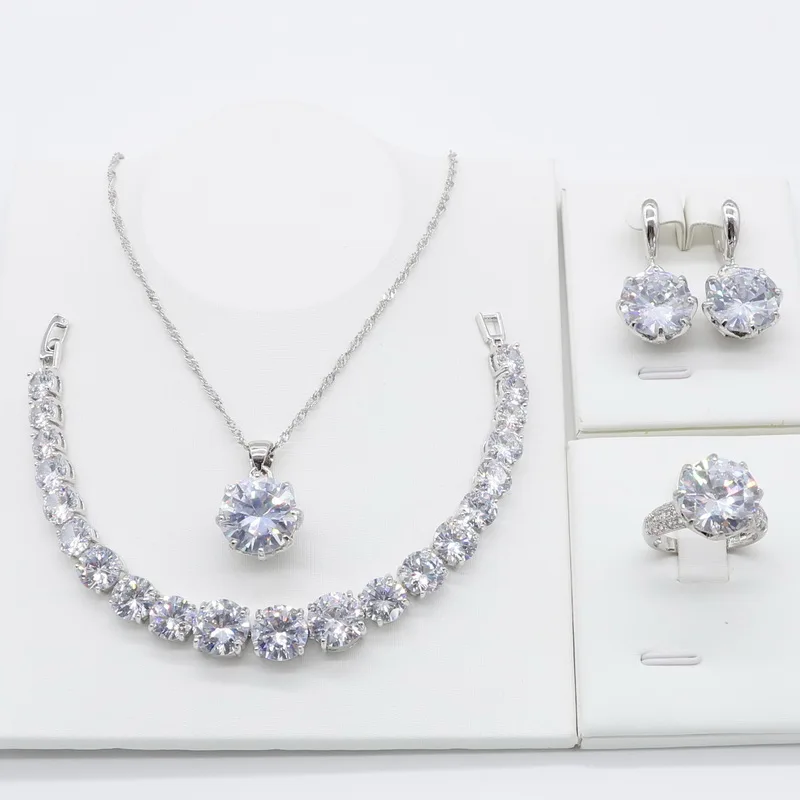 

AAA White Zircona 925 Sterling Silver Jewelry Sets for Women Necklace Pendant Bracelet Ring Hoop Earrings Wedding Birthday Gift