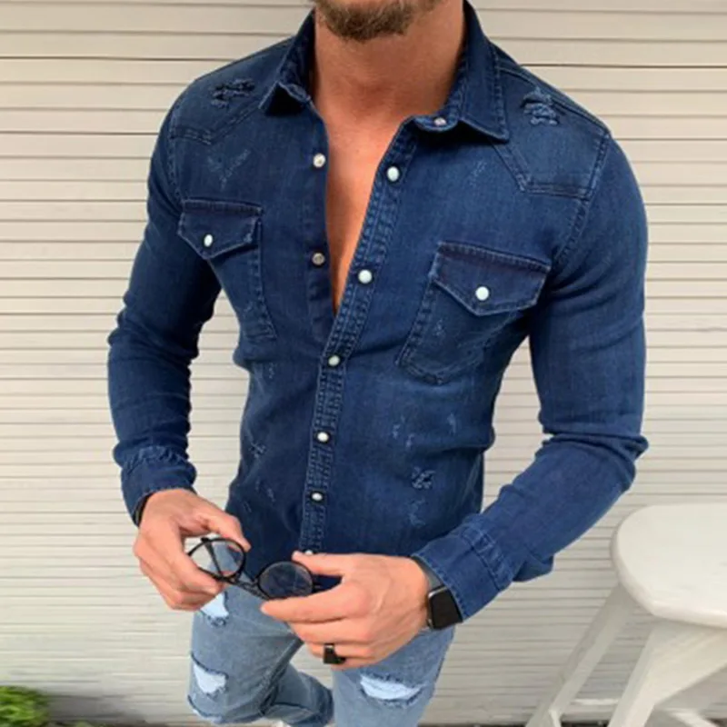 Мужская Осенняя приталенная джинсовая рубашка, одноцветная джинсовая рубашка с длинным рукавом и пуговицами, Повседневная Верхняя одежда, мужские рубашки и блузки