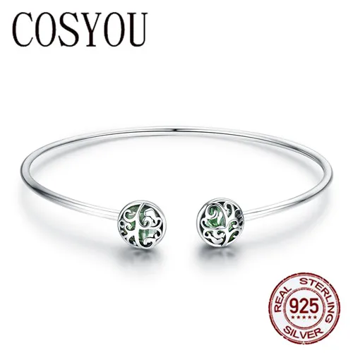 

COSYOU Genuine 925 Sterling Silver Tree of Life Green Crystal CZ Women Open Cuff Bangle & Bracelet Luxury Silver Jewelry SCB057