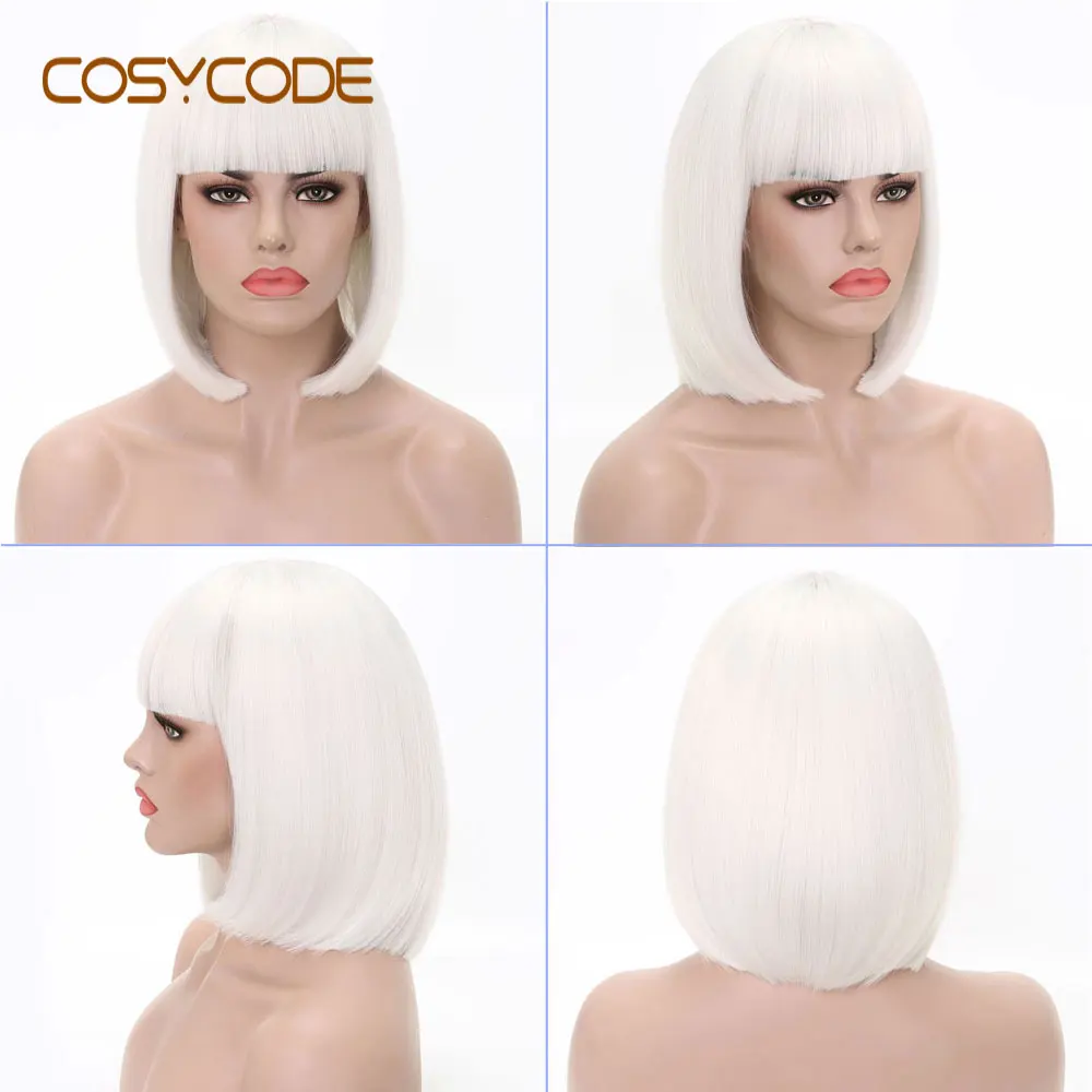 COSYCODE черный боб парик с челкой 13 дюймов короткий прямой женский парик некружевной Синтетический Косплей Костюм Парики 34 см - Цвет: white