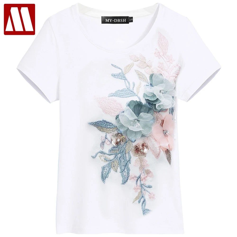 2023 Women's Elegant Flower Embroidery T-shirts Female Cotton Short Sleeve Tops 5XL