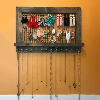 

Jewelry Organizer racks Rustic Brown Jewelry Organizer Wooden Wall Mounted Holder For Earrings Necklace Hanging hooks