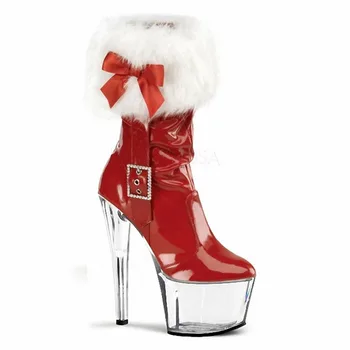 

15CM High Womens Platform Bowknot Rhinestones Fur Ankle Boots Clear Transparent Crystal Heel Shoes Christmas Cosplay Plus Size