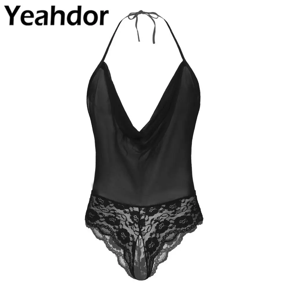 Adults Men One piece Halter Lace up Mesh See Through Mesh Splice Lace Bodysuit Sleepwear Lace